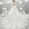 Affordable White See-through Wedding Dresses 2018 A-Line / Princess Scoop Neck Short Sleeve Backless Gold Appliques Lace Beading Ruffle Cathedral Train