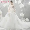 Affordable White See-through Wedding Dresses 2018 A-Line / Princess Scoop Neck Short Sleeve Backless Gold Appliques Lace Beading Ruffle Cathedral Train