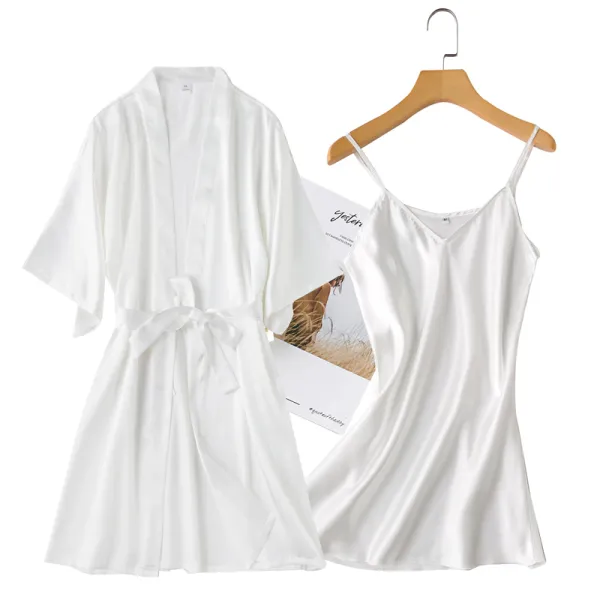 Affordable White Wedding Bridal Bridesmaid V-Neck 3/4 Sleeve Silk Robes 2020 Sash