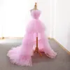 Amazing / Unique High Low Candy Pink Evening Dresses  2018 A-Line / Princess Spaghetti Straps Sleeveless Asymmetrical Ruffle Backless Formal Dresses