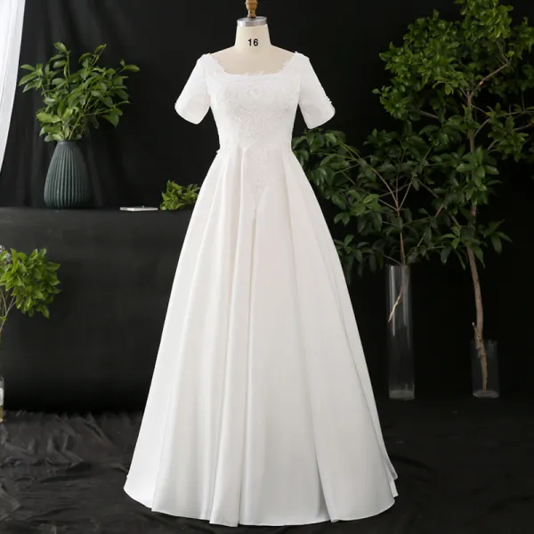 Amazing / Unique White Plus Size Wedding Dresses 2020 A-Line / Princess Floor-Length / Long Short Sleeve U-Neck Handmade  Beading Appliques Backless Pearl Wedding