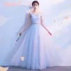 Asequible Azul Cielo Vestidos De Damas De Honor 2018 A-Line / Princess Apliques Con Encaje Metal Cinturón Largos Ruffle Sin Espalda Vestidos para bodas