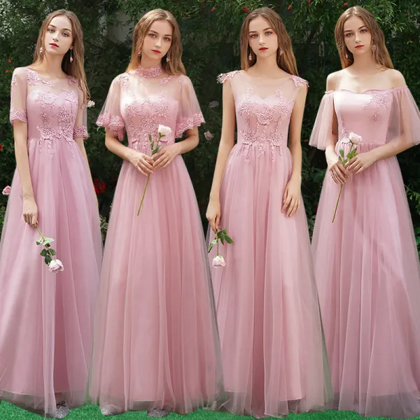 Asequible Rosa Vestidos De Damas De Honor 2019 A-Line / Princess Apliques Con Encaje Largos Ruffle Vestidos para bodas