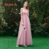 Asequible Rosa Vestidos De Damas De Honor 2019 A-Line / Princess Apliques Con Encaje Largos Ruffle Vestidos para bodas