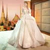 Audrey Hepburn Style Champagne Wedding Dresses 2019 Ball Gown See-through Scoop Neck Lace Appliques 3/4 Sleeve Backless Cascading Ruffles Royal Train