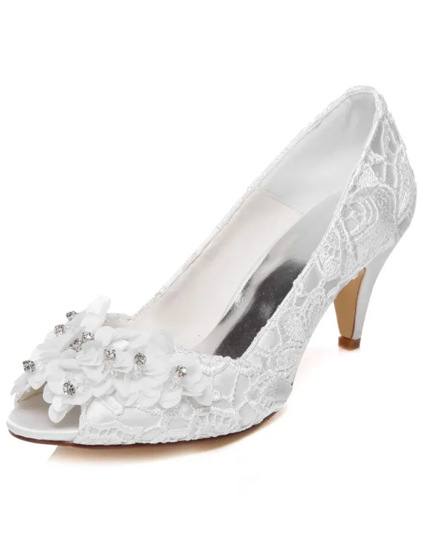 Beautiful Lace Wedding Shoes Stiletto Heels White Pumps Embroidered Satin Bridal Shoes Peep Toe