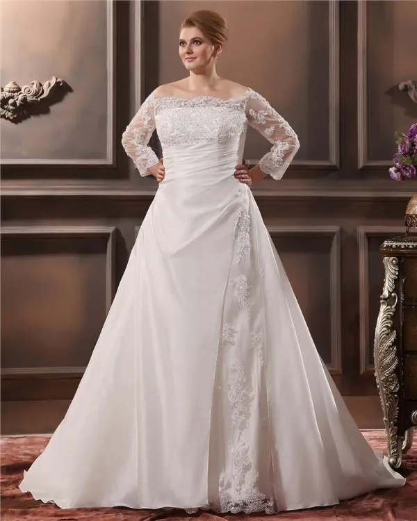 Beautiful Off-The-Shoulder Cathedral Train Taffeta Lace Plus Size Wedding Dresses