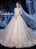Best Champagne Bridal Wedding Dresses 2020 Ball Gown See-through Square Neckline Long Sleeve Backless Appliques Lace Beading Glitter Tulle Cathedral Train Ruffle