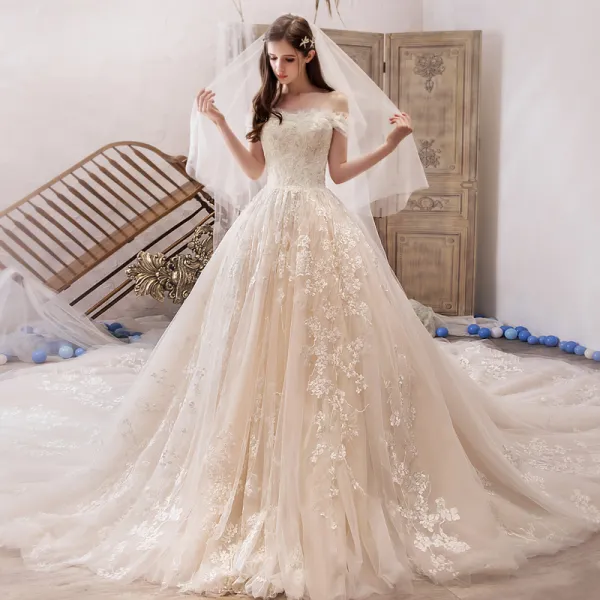 Best Champagne Wedding Dresses 2019 A-Line / Princess Off-The-Shoulder Short Sleeve Backless Appliques Lace Beading Royal Train Ruffle