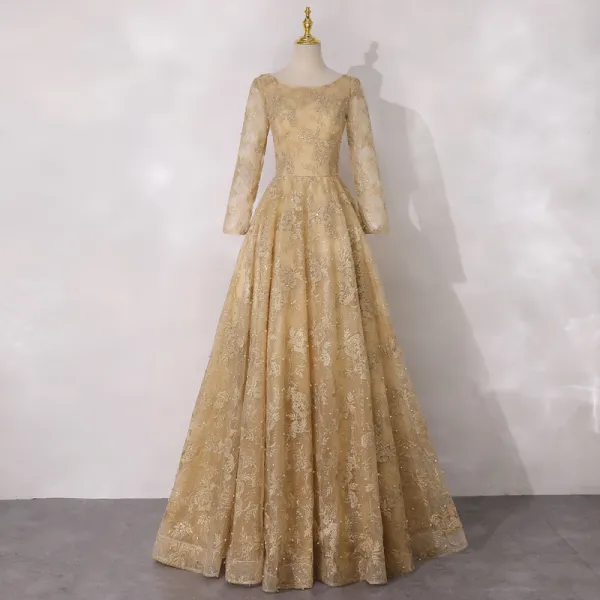 Best Gold Mother Of The Bride Dresses 2020 A-Line / Princess Scoop Neck Long Sleeve Backless Appliques Lace Beading Pearl Glitter Tulle Floor-Length / Long Ruffle