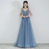 Best Sky Blue Evening Dresses  2019 A-Line / Princess See-through Deep V-Neck Sleeveless Beading Glitter Tulle Sweep Train Ruffle Backless Formal Dresses