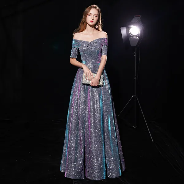 Bling Bling Multi-Colors Evening Dresses  2019 A-Line / Princess Off-The-Shoulder 1/2 Sleeves Glitter Polyester Floor-Length / Long Ruffle Backless Formal Dresses