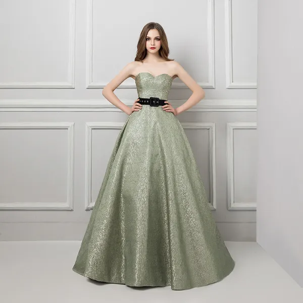 Bling Bling Sage Green Glitter Jacquard Prom Dresses 2019 A-Line / Princess Sweetheart Sleeveless Sash Court Train Ruffle Backless Formal Dresses