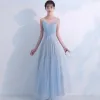Bling Bling Sky Blue Evening Dresses  2018 A-Line / Princess See-through Scoop Neck Sleeveless Glitter Tulle Floor-Length / Long Ruffle Backless Formal Dresses