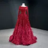 Błyszczące Czerwone Cekiny Czerwony dywan Sukienki Wieczorowe 2020 Princessa Wycięciem Długie Rękawy Pióro Trenem Sweep Wzburzyć Bez Pleców Sukienki Wizytowe
