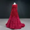 Błyszczące Czerwone Cekiny Czerwony dywan Sukienki Wieczorowe 2020 Princessa Wycięciem Długie Rękawy Pióro Trenem Sweep Wzburzyć Bez Pleców Sukienki Wizytowe