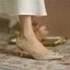 Błyszczące Złote Perła Rhinestone Buty Ślubne 2020 Skórzany 6 cm Szpilki Szpiczaste Ślub Czółenka
