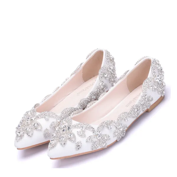 Brillante Blanco Rhinestone Punta Estrecha Planos Zapatos de novia 2018