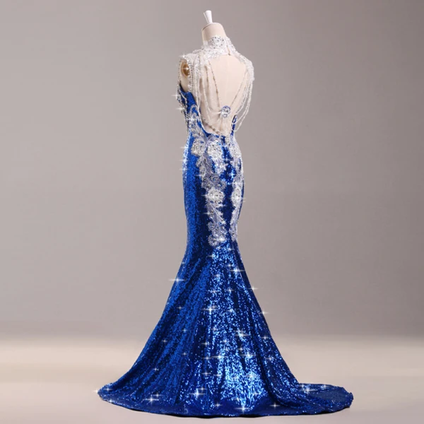 Trumpet / Mermaid Luxury / Gorgeous 2017 Navy Blue Zipper Up Braid Crystal Rhinestone Court Train Satin Sequined V-Neck Casual Cocktail Party Evening Party Summer Sleeveless Evening Dresses