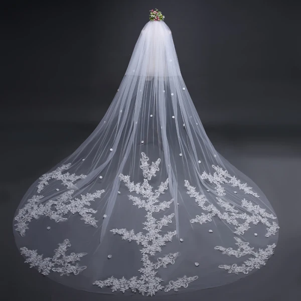 Modern / Fashion White Wedding Veils 2017 Tulle Lace Embroidered Appliques Wedding