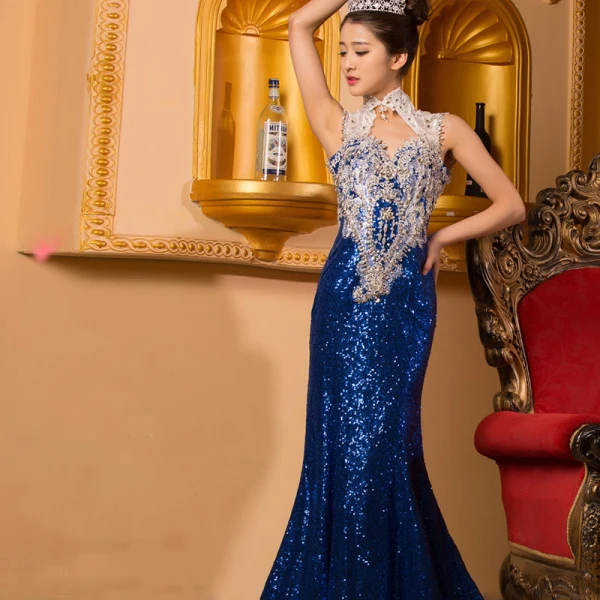 Trumpet / Mermaid Luxury / Gorgeous 2017 Navy Blue Zipper Up Braid Crystal Rhinestone Court Train Satin Sequined V-Neck Casual Cocktail Party Evening Party Summer Sleeveless Evening Dresses