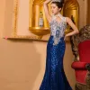 Trumpet / Mermaid Luxury / Gorgeous 2017 Navy Blue Zipper Up Braid Crystal Rhinestone Court Train Satin Sequined V-Neck Casual Cocktail Party Evening Party Summer Sleeveless Evening Dresses