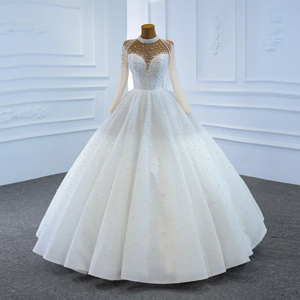 Luxury / Gorgeous Red See-through Bridal Wedding Dresses 2020 Ball Gown High Neck Long Sleeve Handmade  Beading Pearl Floor-Length / Long