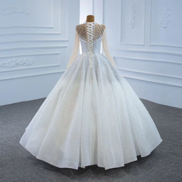 Luxury / Gorgeous Red See-through Bridal Wedding Dresses 2020 Ball Gown High Neck Long Sleeve Handmade  Beading Pearl Floor-Length / Long