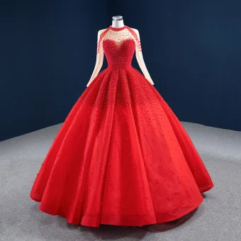 Luxury Gorgeous Red See Through Bridal Wedding Dresses 2020 Ball Gown High Neck Long Sleeve Handmade Beading Pearl Floor Length Long