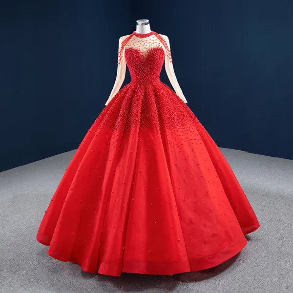 Luxury / Gorgeous Red See-through Bridal Wedding Dresses 2020 Ball Gown High Neck Long Sleeve Handmade  Beading Pearl Floor-Length / Long