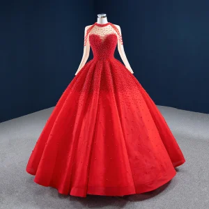 Luxus Herrlich Rot Durchsichtige Hochzeits Brautkleider Hochzeitskleider 2020 Ballkleid Stehkragen Lange Ärmel Handgefertigt Perlenstickerei Perle Lange