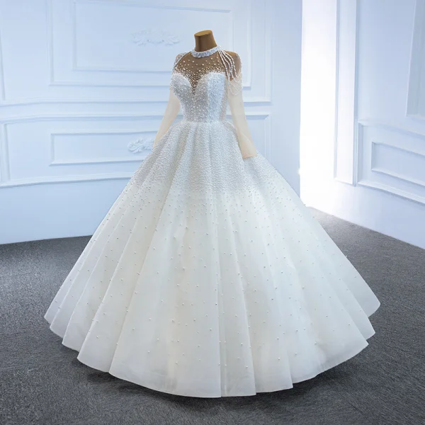 Luxury / Gorgeous Red See-through Bridal Wedding Dresses 2020 Ball Gown High Neck Long Sleeve Handmade  Beading Pearl Floor-Length / Long