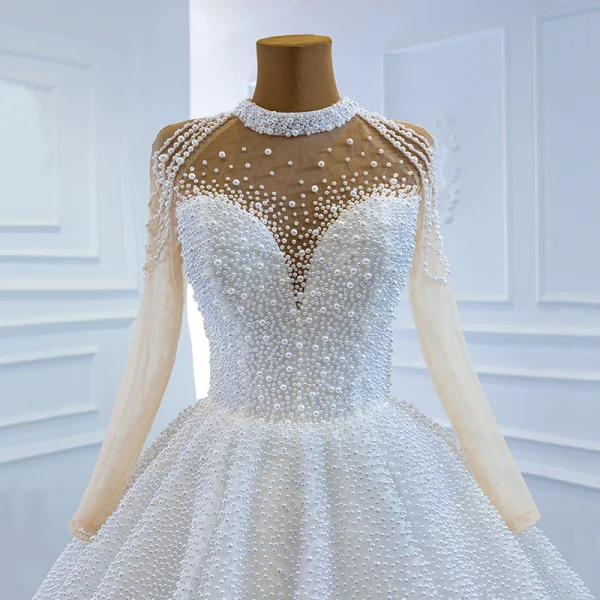 Luxury / Gorgeous Red See-through Bridal Wedding Dresses 2020 Ball Gown High Neck Long Sleeve Handmade  Beading Pearl Floor-Length / Long