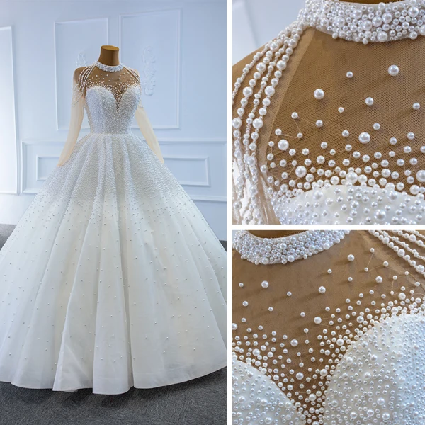 Luxury / Gorgeous Red See-through Bridal Wedding Dresses 2020 Ball Gown High Neck Long Sleeve Handmade  Beading Pearl Floor-Length / Long