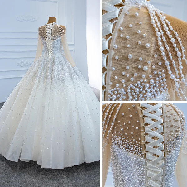 Luxury / Gorgeous Red See-through Bridal Wedding Dresses 2020 Ball Gown High Neck Long Sleeve Handmade  Beading Pearl Floor-Length / Long