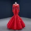 Haut de Gamme Rouge Tapis rouge Robe De Soirée 2020 Trompette / Sirène Transparentes Col Haut Manches Longues Appliques En Dentelle Longue Volants Robe De Ceremonie