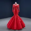 High-end Red Red Carpet Evening Dresses  2020 Trumpet / Mermaid See-through High Neck Long Sleeve Appliques Lace Floor-Length / Long Ruffle Formal Dresses