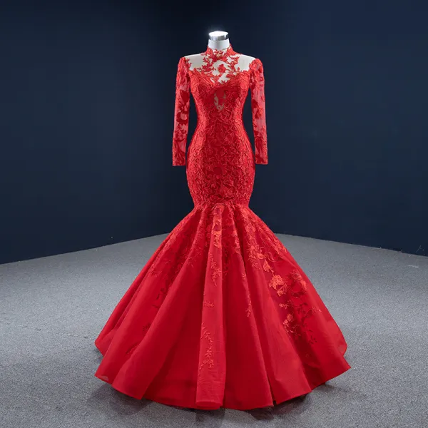 Wysokiej Klasy Czerwone Czerwony dywan Sukienki Wieczorowe 2020 Syrena / Rozkloszowane Przezroczyste Wysokiej Szyi Długie Rękawy Aplikacje Z Koronki Długie Wzburzyć Sukienki Wizytowe