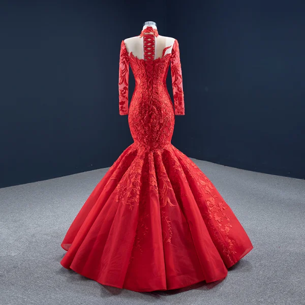 Haut de Gamme Rouge Tapis rouge Robe De Soirée 2020 Trompette / Sirène Transparentes Col Haut Manches Longues Appliques En Dentelle Longue Volants Robe De Ceremonie