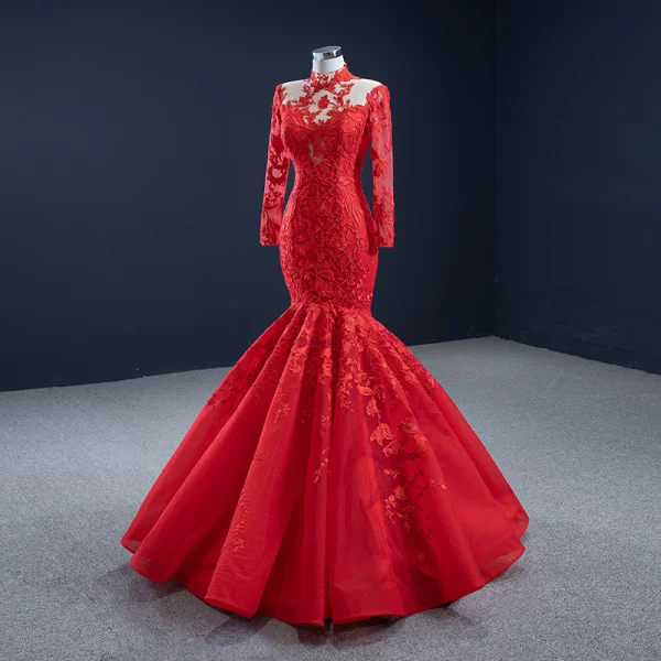 Haut de Gamme Rouge Tapis rouge Robe De Soirée 2020 Trompette / Sirène Transparentes Col Haut Manches Longues Appliques En Dentelle Longue Volants Robe De Ceremonie