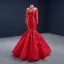 Haut de Gamme Rouge Tapis rouge Robe De Soirée 2020 Trompette / Sirène Transparentes Col Haut Manches Longues Appliques En Dentelle Longue Volants Robe De Ceremonie