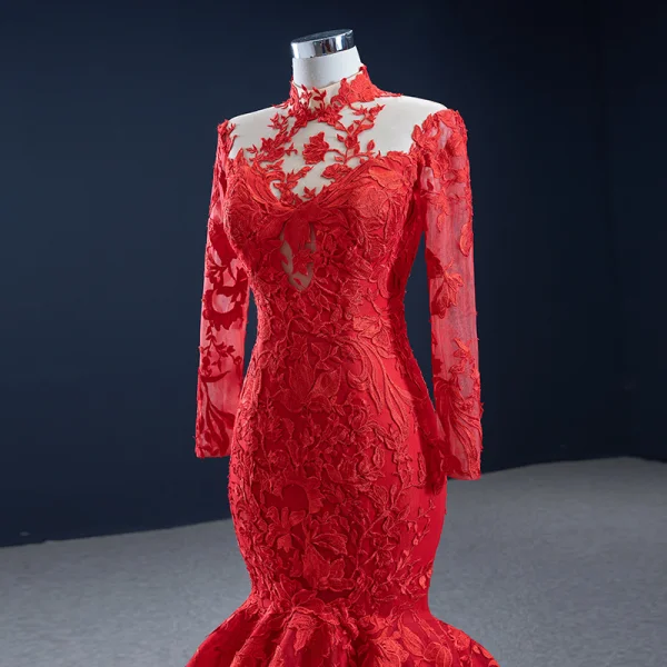 Haut de Gamme Rouge Tapis rouge Robe De Soirée 2020 Trompette / Sirène Transparentes Col Haut Manches Longues Appliques En Dentelle Longue Volants Robe De Ceremonie