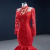 Wysokiej Klasy Czerwone Czerwony dywan Sukienki Wieczorowe 2020 Syrena / Rozkloszowane Przezroczyste Wysokiej Szyi Długie Rękawy Aplikacje Z Koronki Długie Wzburzyć Sukienki Wizytowe