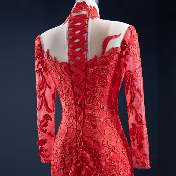 Haut de Gamme Rouge Tapis rouge Robe De Soirée 2020 Trompette / Sirène Transparentes Col Haut Manches Longues Appliques En Dentelle Longue Volants Robe De Ceremonie