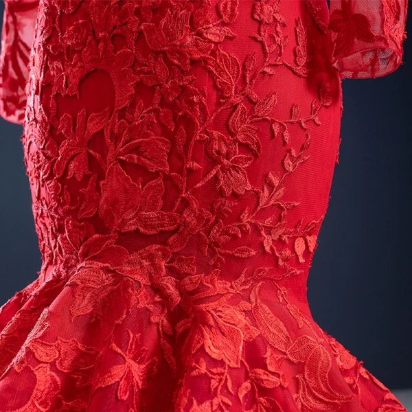 Haut de Gamme Rouge Tapis rouge Robe De Soirée 2020 Trompette / Sirène Transparentes Col Haut Manches Longues Appliques En Dentelle Longue Volants Robe De Ceremonie