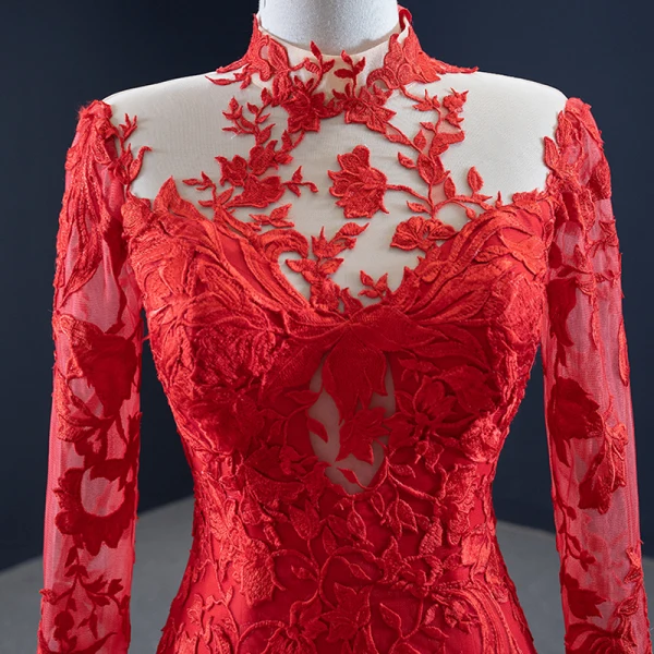 Haut de Gamme Rouge Tapis rouge Robe De Soirée 2020 Trompette / Sirène Transparentes Col Haut Manches Longues Appliques En Dentelle Longue Volants Robe De Ceremonie