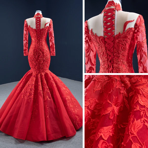 Haut de Gamme Rouge Tapis rouge Robe De Soirée 2020 Trompette / Sirène Transparentes Col Haut Manches Longues Appliques En Dentelle Longue Volants Robe De Ceremonie