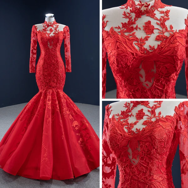 Haut de Gamme Rouge Tapis rouge Robe De Soirée 2020 Trompette / Sirène Transparentes Col Haut Manches Longues Appliques En Dentelle Longue Volants Robe De Ceremonie
