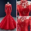 Haut de Gamme Rouge Tapis rouge Robe De Soirée 2020 Trompette / Sirène Transparentes Col Haut Manches Longues Appliques En Dentelle Longue Volants Robe De Ceremonie