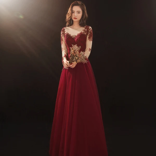 Illusion Burgundy Prom Dresses 2020 A-Line / Princess See-through Scoop Neck 3/4 Sleeve Appliques Lace Sequins Floor-Length / Long Ruffle Formal Dresses